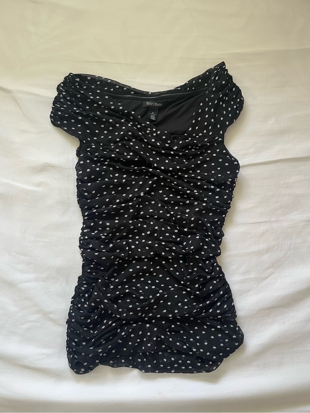 White House Black Market Black White Polka Dot Strapless Ruched Top M